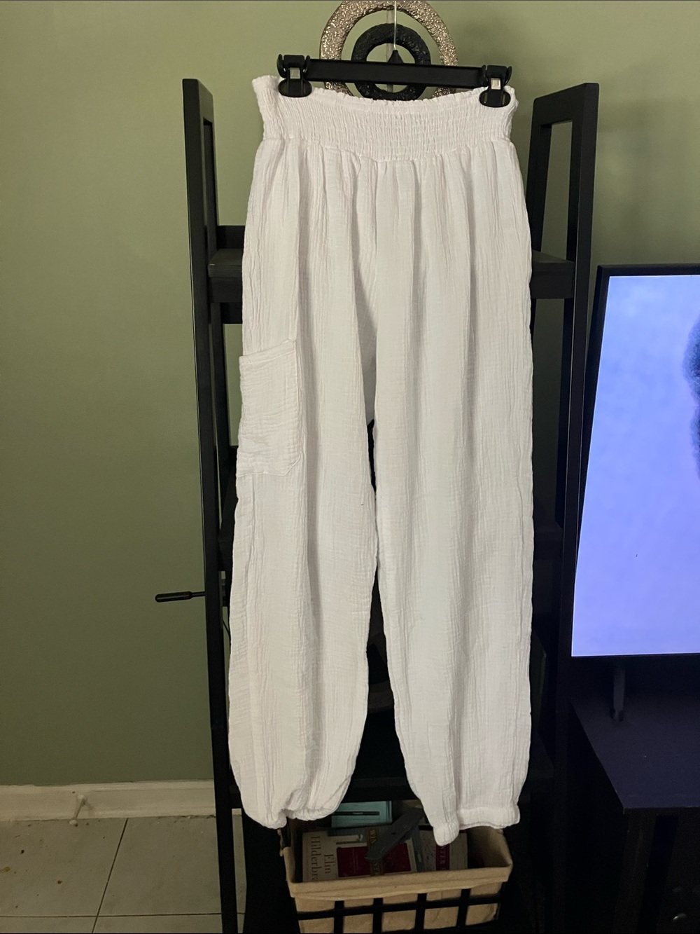 Smocked-Waist White Beach Coverup Pants